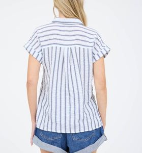Striped Collared Short Sleeve Top
