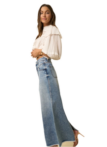 High Rise Flared Denim Maxi Skirt