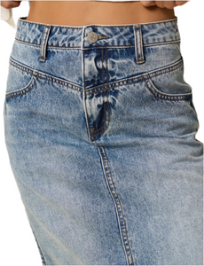 High Rise Flared Denim Maxi Skirt