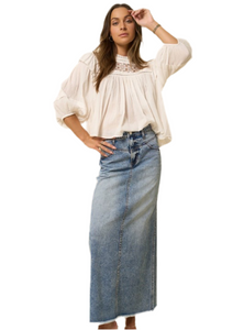 High Rise Flared Denim Maxi Skirt