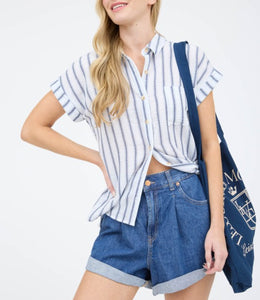 Striped Collared Short Sleeve Top