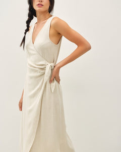 Linen Blend Midi Dress Tie Detail