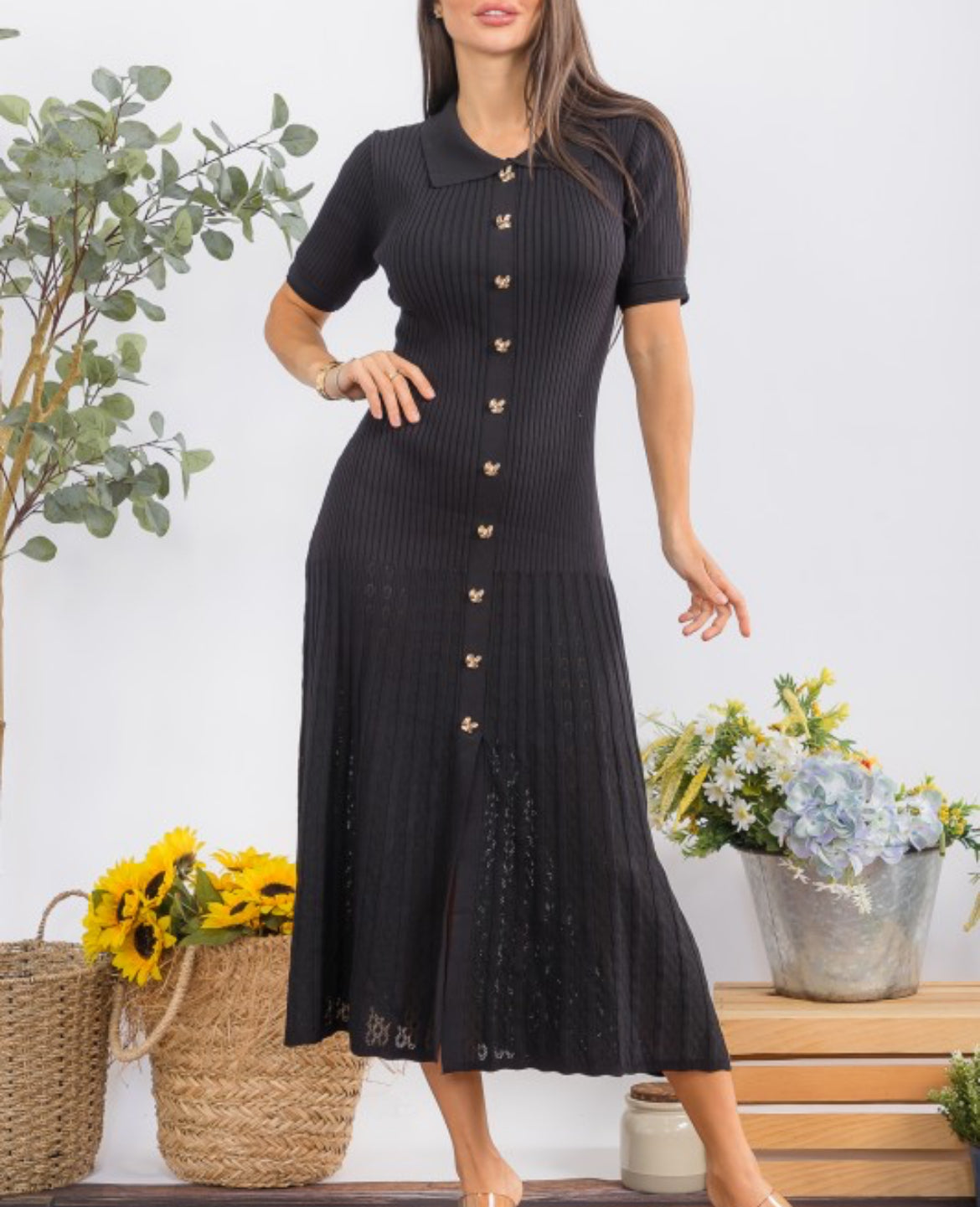 Sweater Gold Button Midi Dress