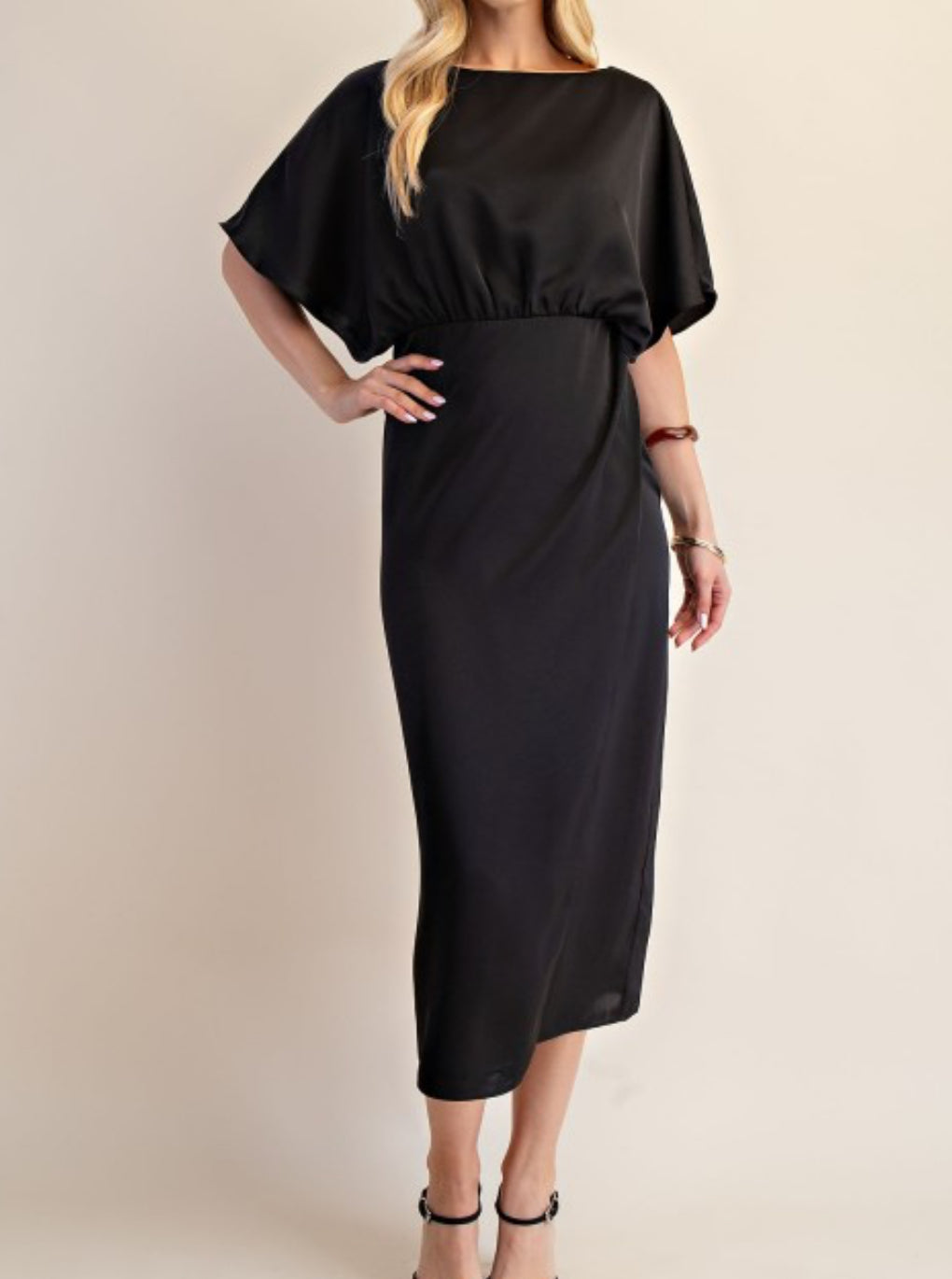 Wide Neck Faux Wrap Midi Dress