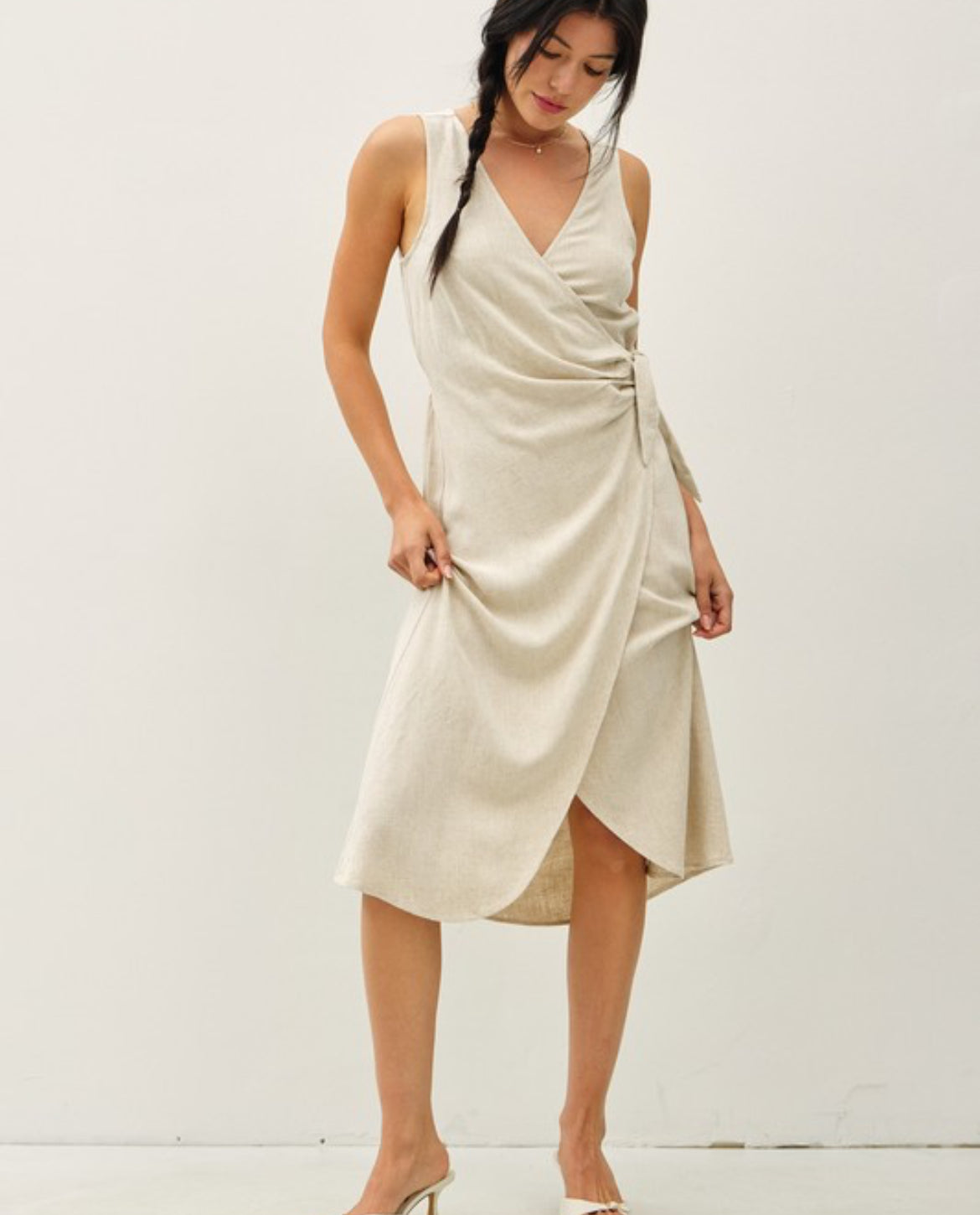Linen Blend Midi Dress Tie Detail